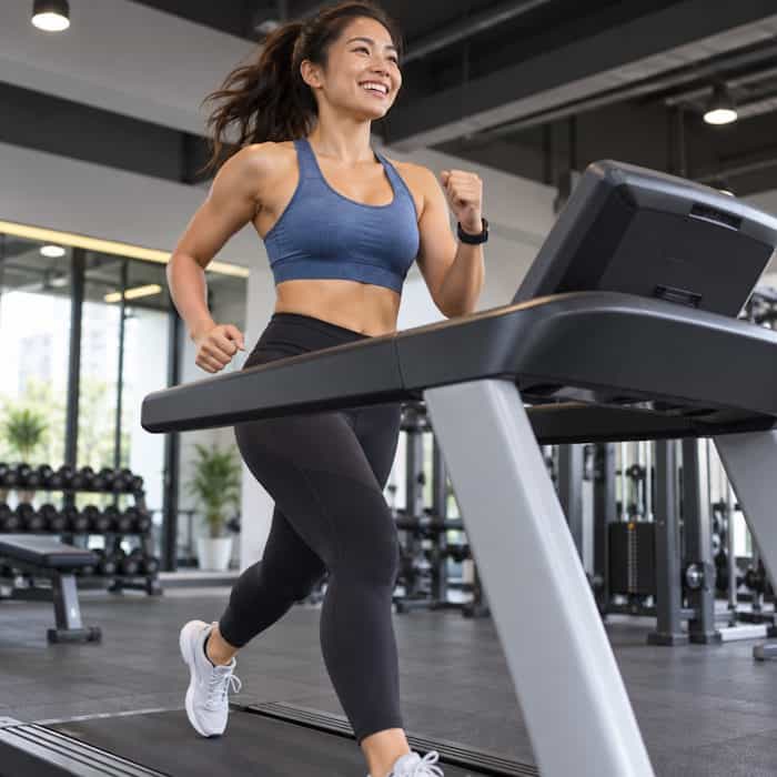 Woman running on a treadmill in a gym